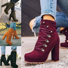 Lace-Up Round Toe High Heeled Boots