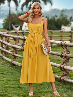 Solid Color Suspender Long Dress Spring And Summer Bow Waist Tie Design