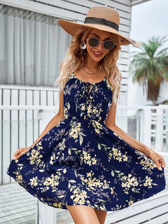 Floral Print Suspender Dress With Elastic Waist Design Fashion