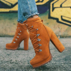 Lace-Up Round Toe High Heeled Boots