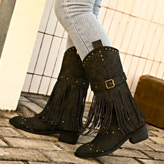 Rivet Buckle Retro Tassel Winter Boots