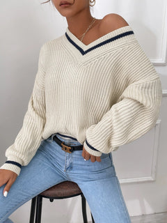 Trendy V-Neck Cable Knit Sweater