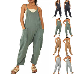 Summer Women's Loose Sleeveless Jumpsuits Spaghetti Strap Long Pant With Pockets Zipper