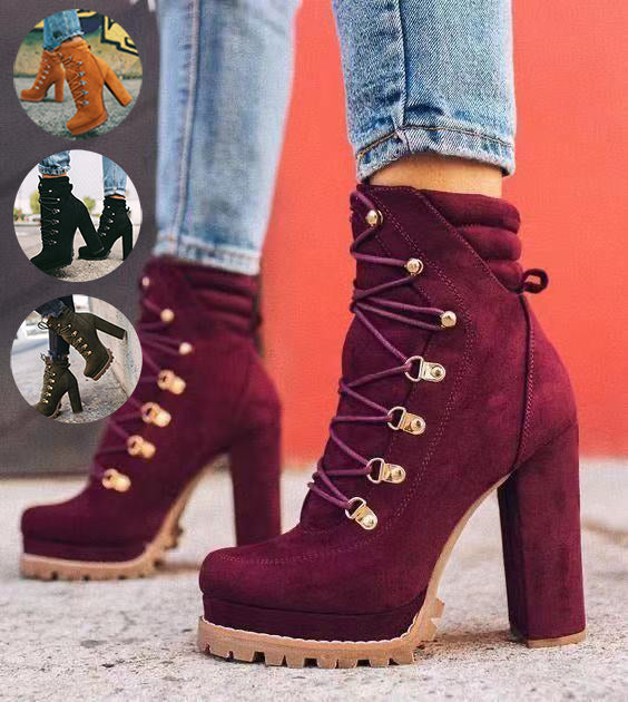 Lace-Up Round Toe High Heeled Boots