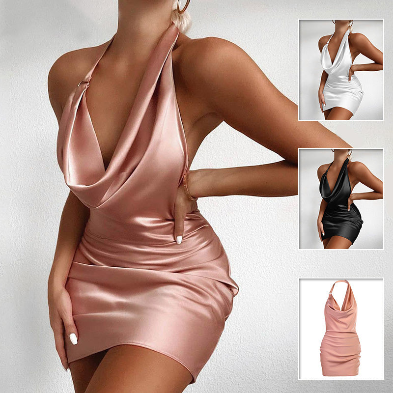 V-Neck Satin Backless Summer Mini Dress