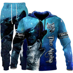 Wolf Print Men's Hooded Tracksuit