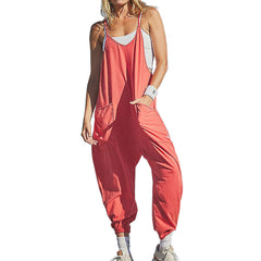 Summer Women's Loose Sleeveless Jumpsuits Spaghetti Strap Long Pant With Pockets Zipper