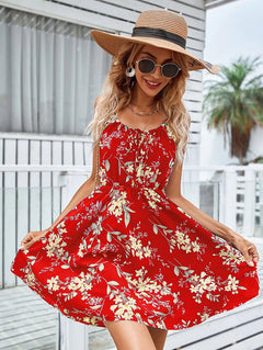 Floral Print Suspender Dress With Elastic Waist Design Fashion