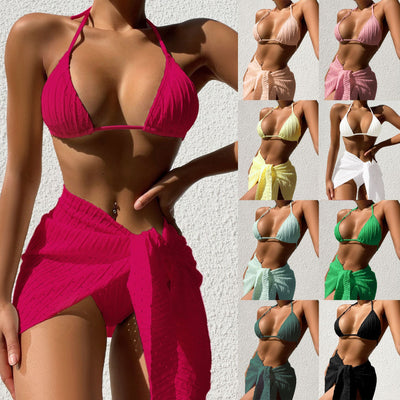 3pcs Halterneck Swimsuit Set Beach Solid Color Sexy Backless Bikini With Mesh Skirt