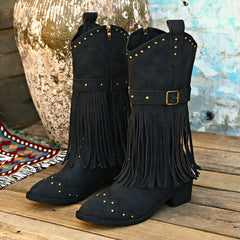 Rivet Buckle Retro Tassel Winter Boots