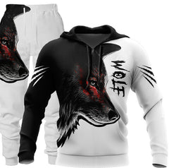  Wolf Print Men's Hooded Tracksuit