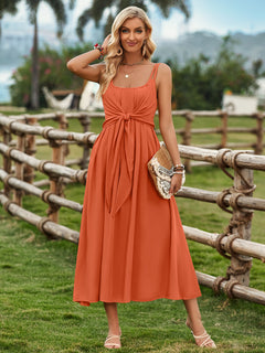 Solid Color Suspender Long Dress Spring And Summer Bow Waist Tie Design