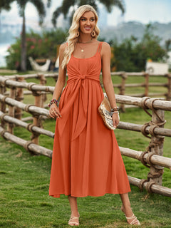 Solid Color Suspender Long Dress Spring And Summer Bow Waist Tie Design