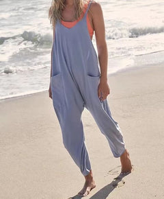 Summer Women's Loose Sleeveless Jumpsuits Spaghetti Strap Long Pant With Pockets Zipper