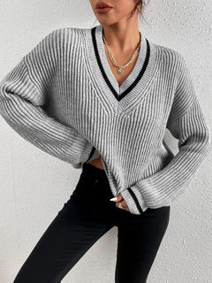 Trendy V-Neck Cable Knit Sweater