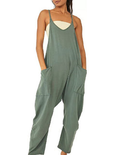 Summer Women's Loose Sleeveless Jumpsuits Spaghetti Strap Long Pant With Pockets Zipper