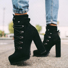 Lace-Up Round Toe High Heeled Boots