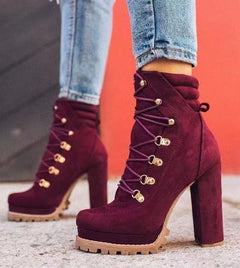 Lace-Up Round Toe High Heeled Boots