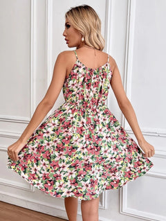 Floral Print Suspender Dress With Elastic Waist Design Fashion