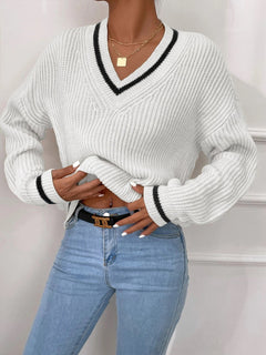 Trendy V-Neck Cable Knit Sweater