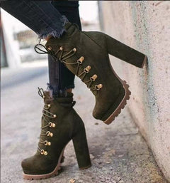 Lace-Up Round Toe High Heeled Boots