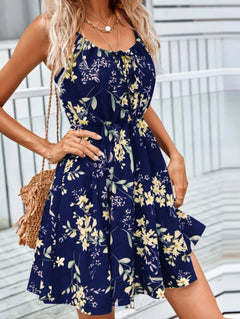 Floral Print Suspender Dress With Elastic Waist Design Fashion